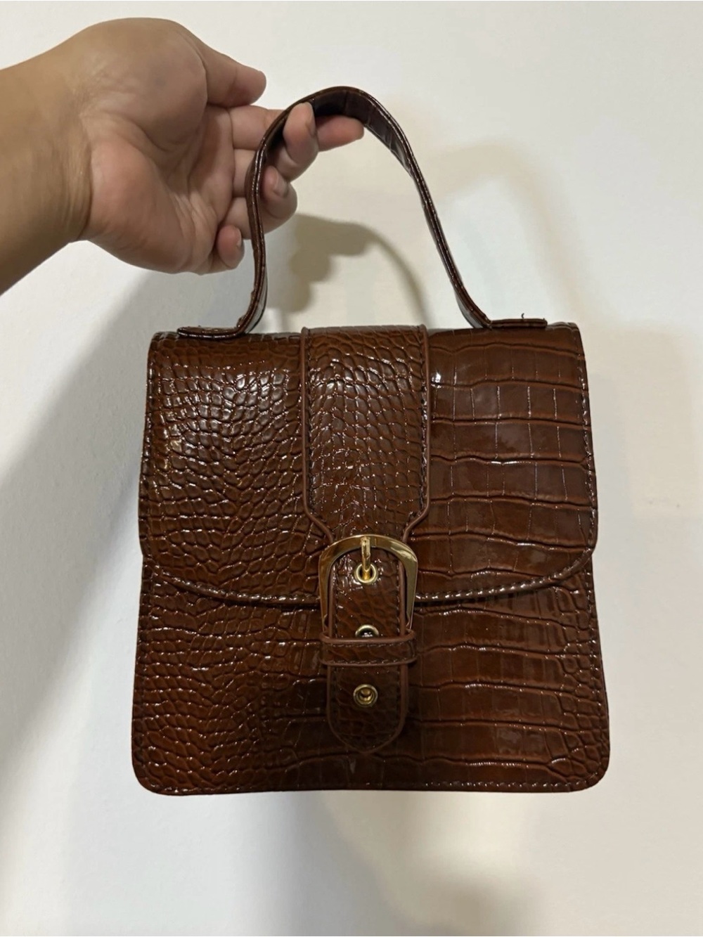 PrettyLittleThing Brown Croc-Embossed Top Handle Satchel